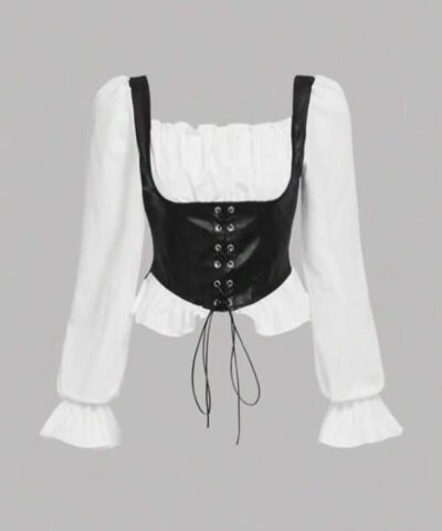 Cow Girl Two Tone Ruched Bust Lace Up Front Flounce Sleeve Blouse Corset Top