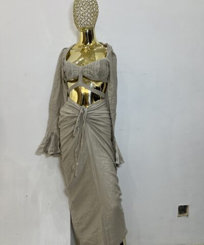 Beige Drawstring Skirt and Long-Sleeve Bustier Top