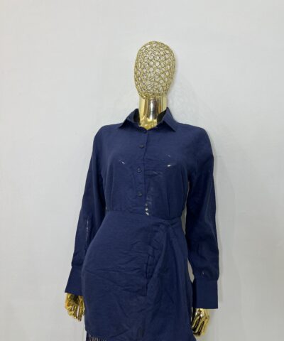 Navy button shirt and skirt with fringes