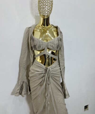 Beige Drawstring Skirt and Long-Sleeve Bustier Top