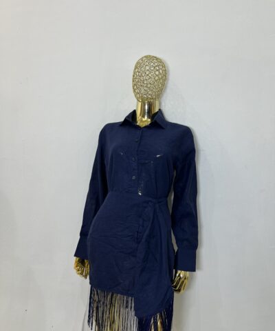 Navy button shirt and skirt with fringes